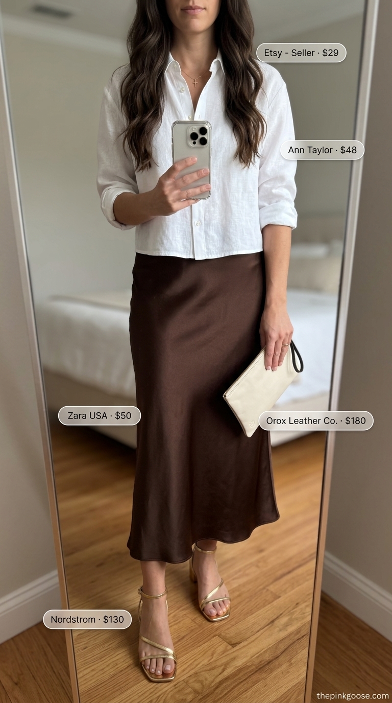 Elegant maxi skirt with crop top outfits summer 2026: Terracotta satin skirt, white linen shirt, gold heels.