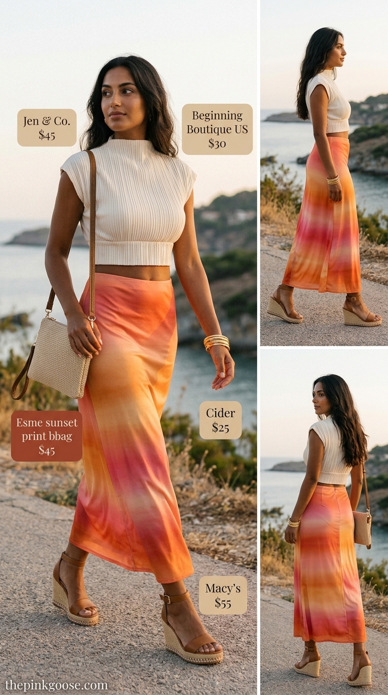 Sunset gradient maxi skirt with cream fitted crop top for a dreamy summer evening.