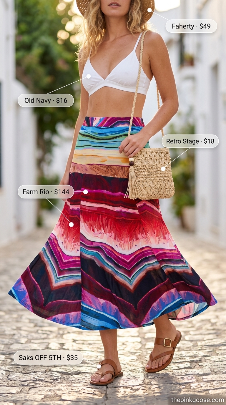 Tropical print maxi skirt with white bralette crop top for a fun vacation or beach resort look.