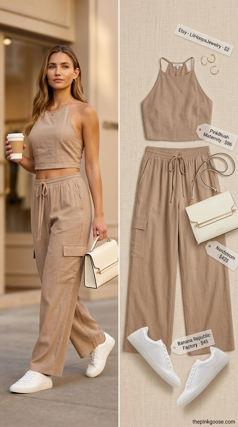 Minimalist summer basic outfit for women 2026: Chic taupe co-ord set with white sneakers and gold accessories.