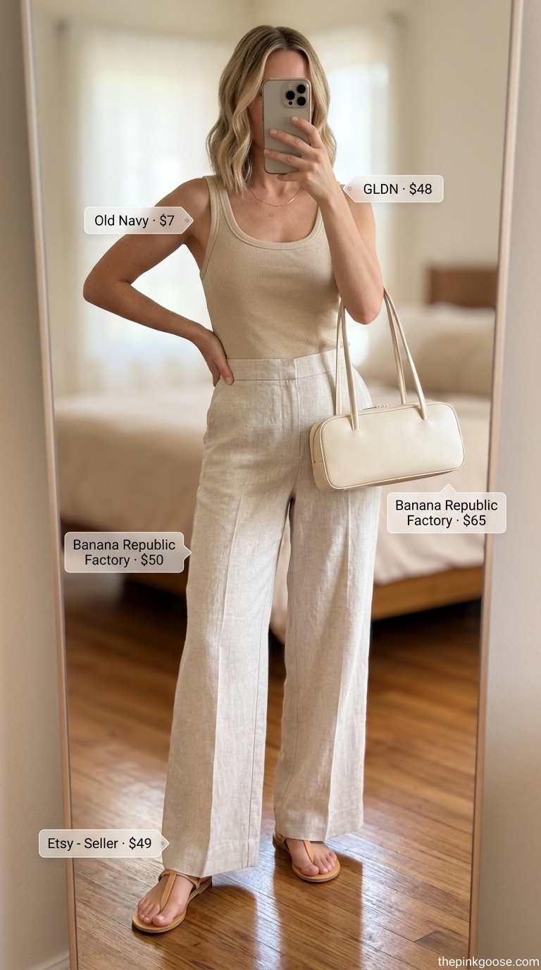 Minimalist summer basic outfit for women 2026: Cream linen pants, tan tank, tan sandals for weekend brunch.
