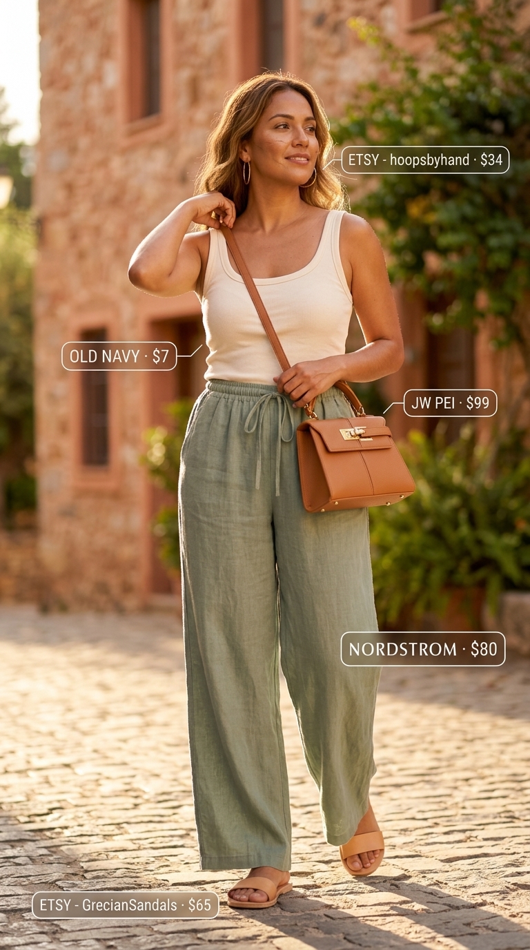 Minimalist summer basic outfit for women 2026: Sage green linen pants with cream tank, tan sandals, and cognac bag.