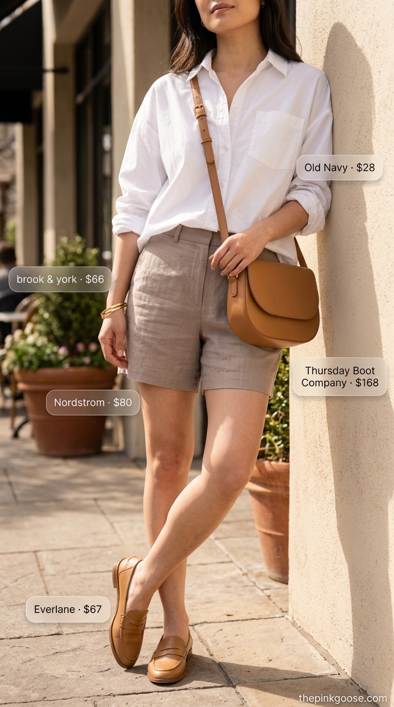 Minimalist summer basic outfit for women 2026: Taupe linen shorts, white oversized shirt, tan loafers for brunch.