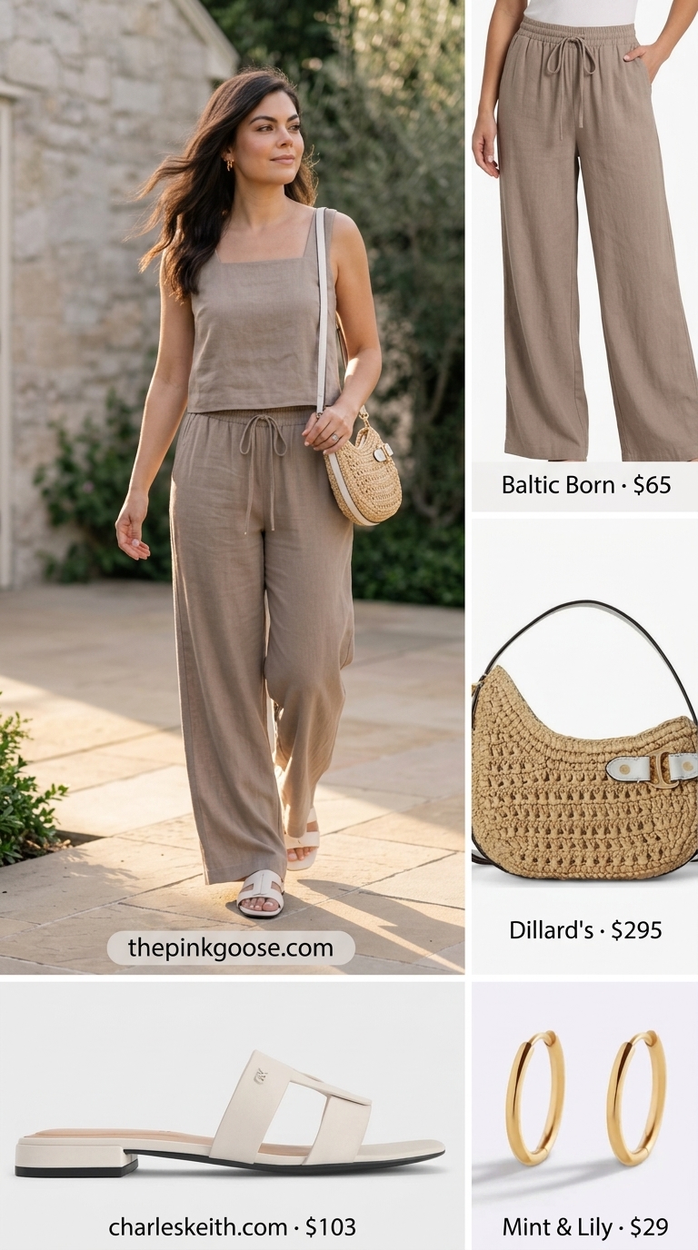 Minimalist summer basic outfit for women 2026: Taupe knit matching set with white slides and straw bag for relaxed chic.