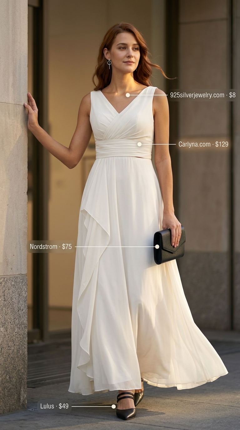Minimalist summer basic outfit for women 2026: Ivory maxi dress with black mules and clutch for an elegant daytime event.
