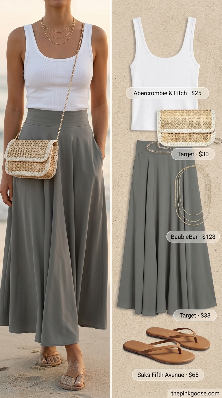 Minimalist summer basic outfit for women 2026: Stone maxi skirt, off-white tank, tan sandals for beach vacation.