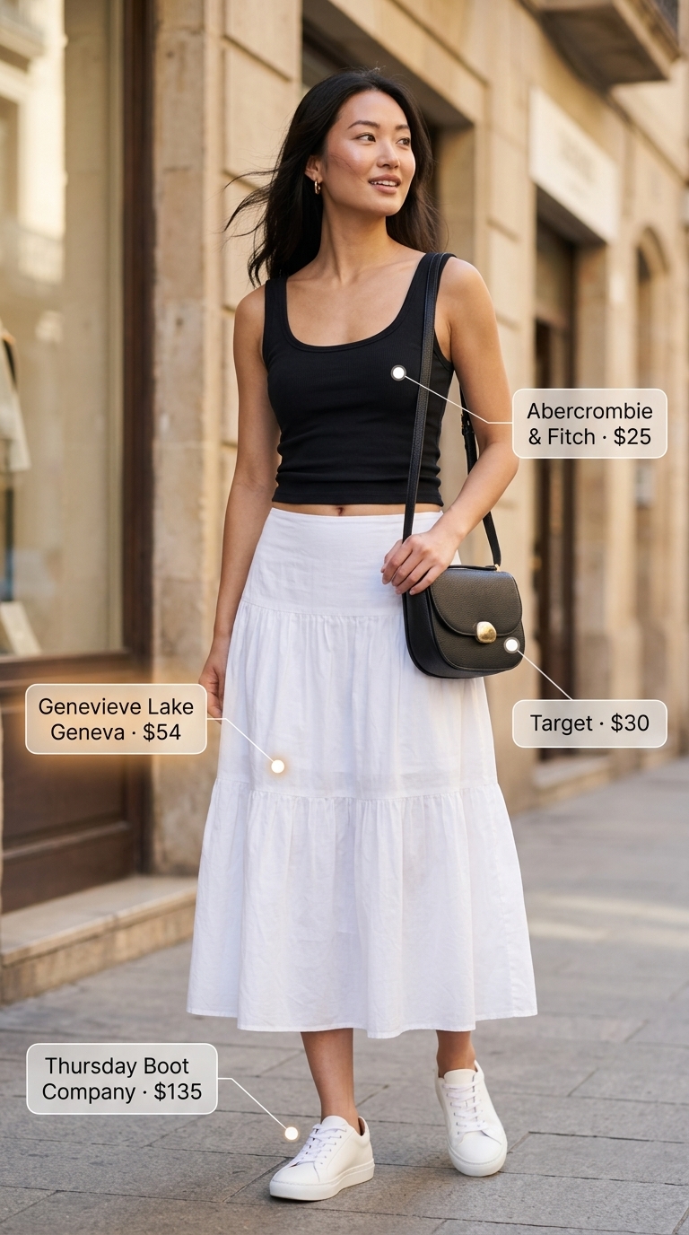 Minimalist summer basic outfit for women 2026: Soft grey midi skirt with black tank, white sneakers, and silver necklace.