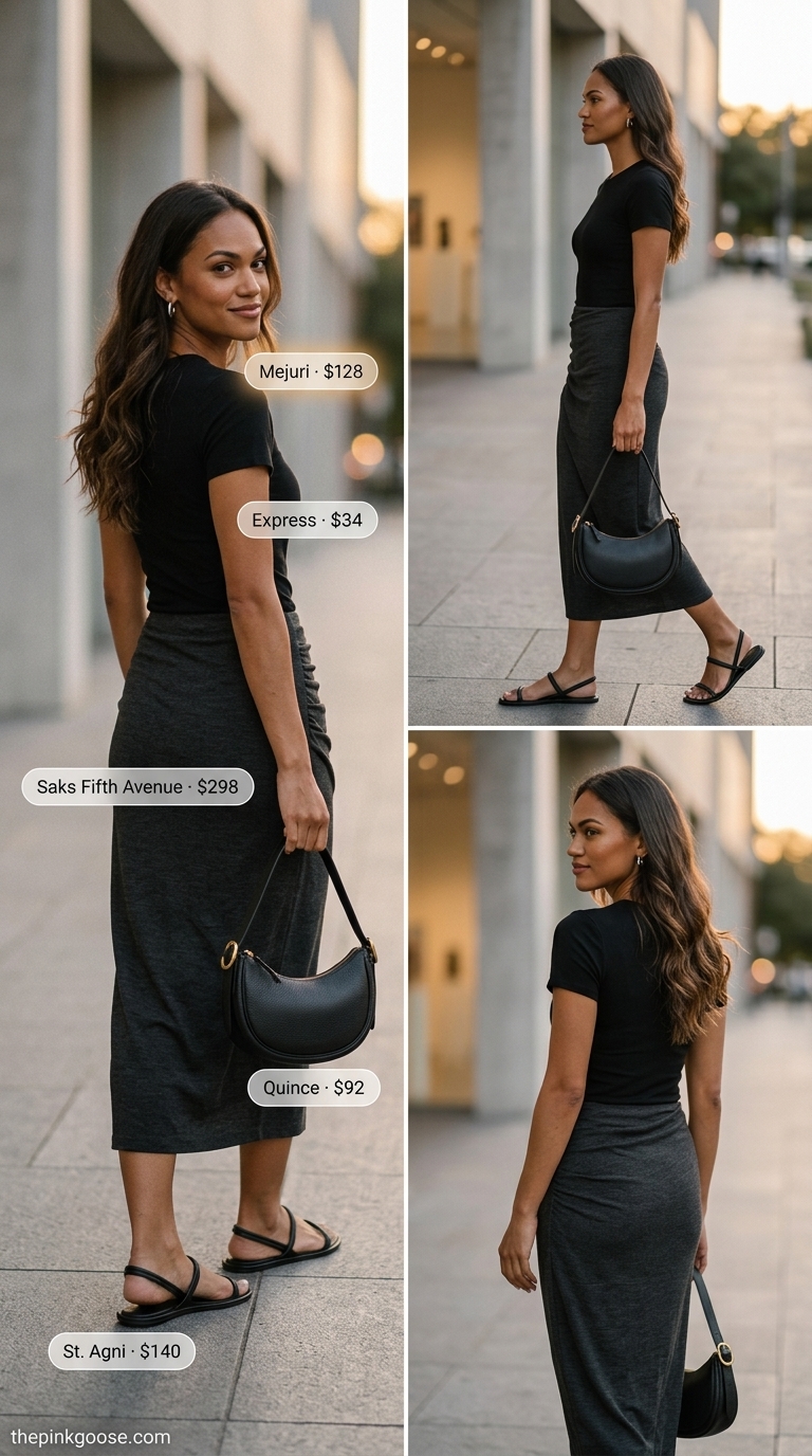 Minimalist summer basic outfit for women 2026: Charcoal midi skirt, black t-shirt, black flat sandals for gallery.