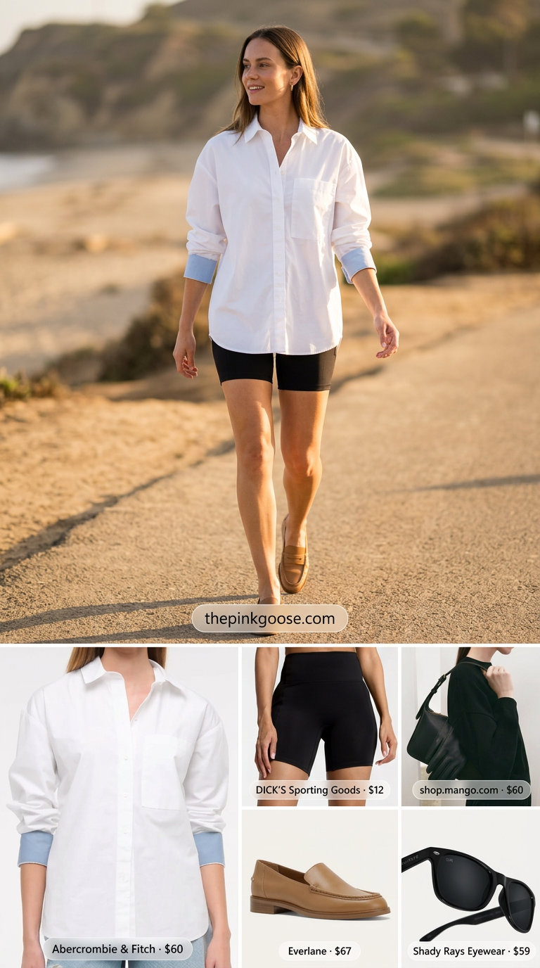 Minimalist summer basic outfit for women 2026: White oversized shirt, black biker shorts, loafers, and crossbody bag for casual.