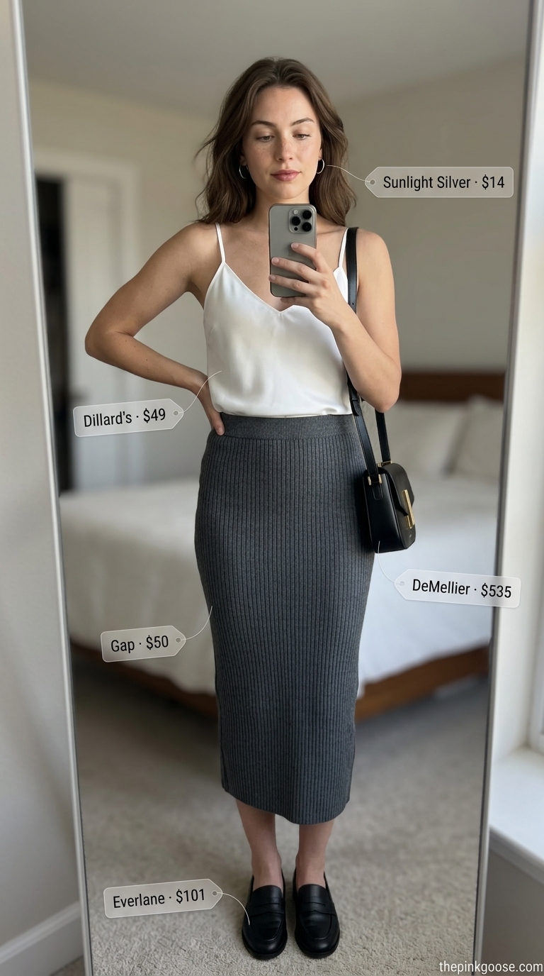 Minimalist summer basic outfit for women 2026: Charcoal ribbed midi skirt, white satin cami, black loafers for dinner.