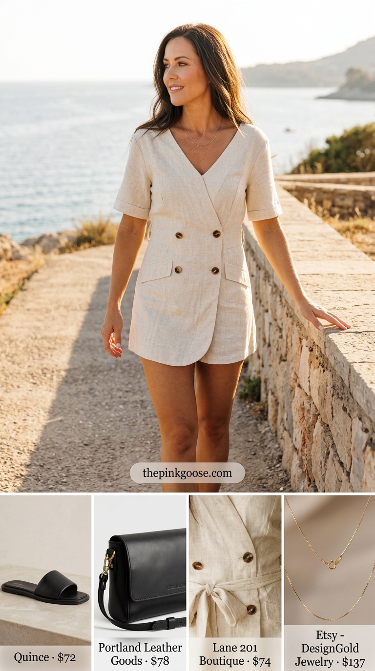 Minimalist summer basic outfit for women 2026: Off-white linen romper with black slides and gold layered necklaces.