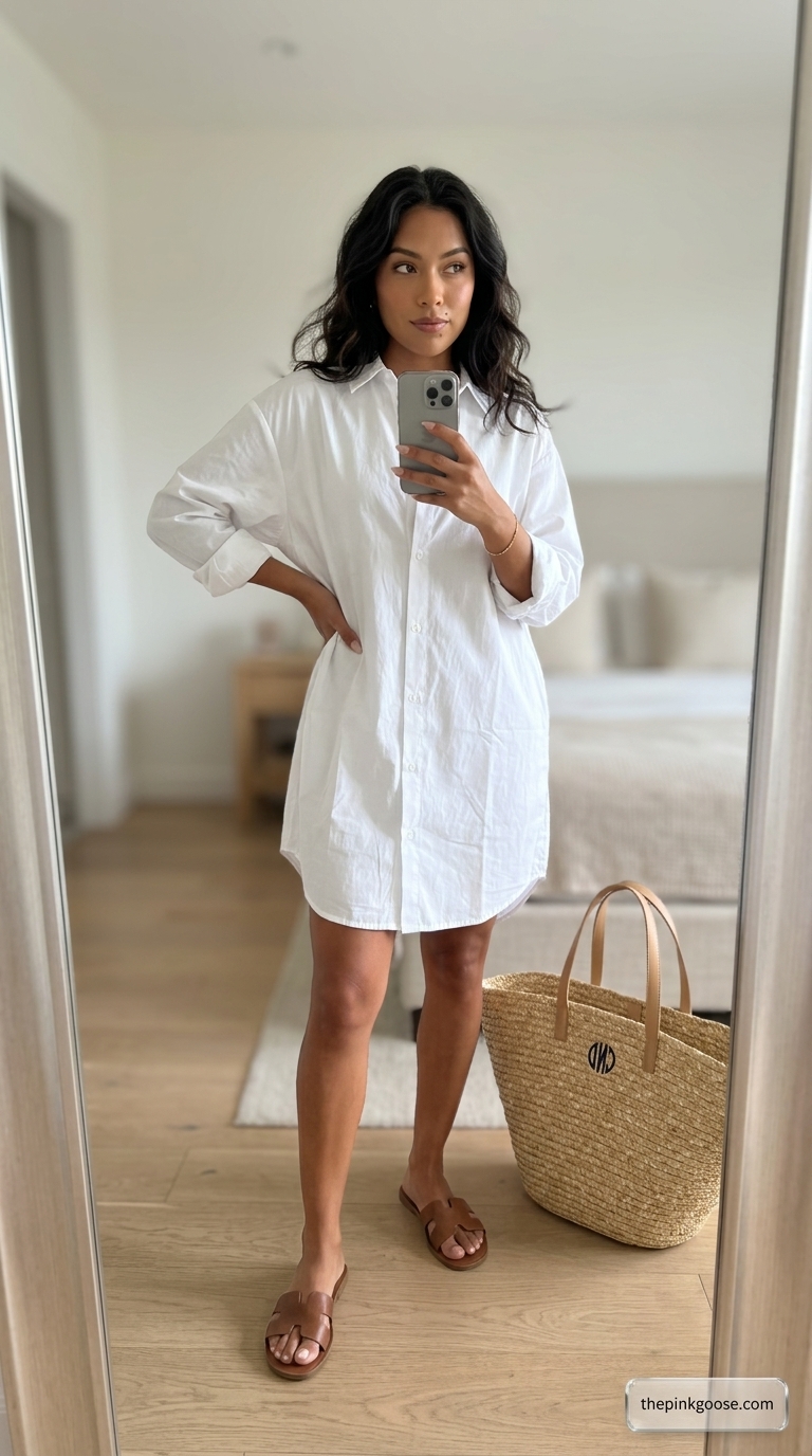 Minimalist summer basic outfit for women 2026: White oversized shirt dress with tan slides and straw tote for effortless cool.