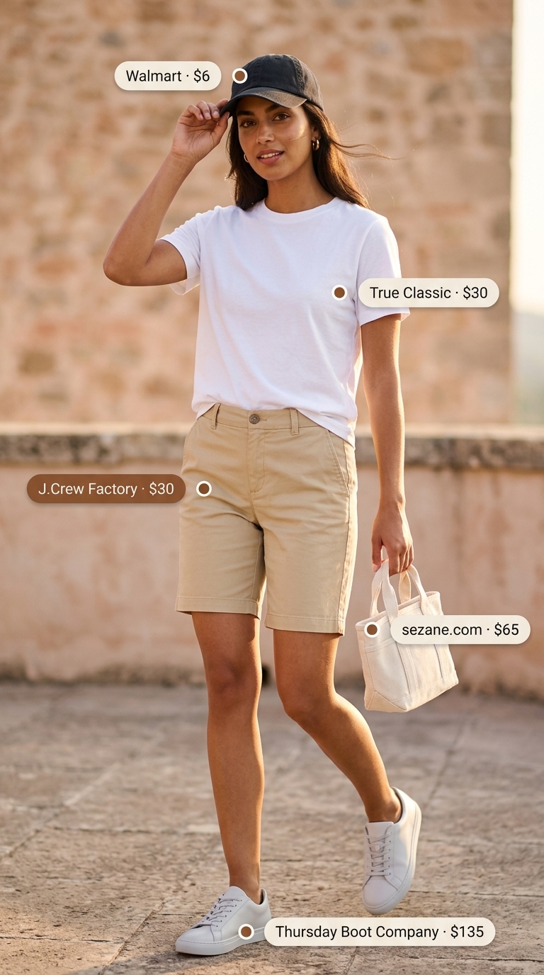 Minimalist summer basic outfit for women 2026: Khaki Bermuda shorts with white tee, baseball cap, and canvas tote.