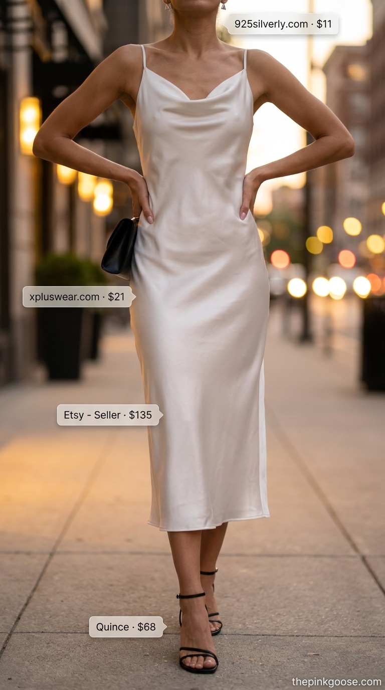 Minimalist summer basic outfit for women 2026: Ivory slip dress with black strappy heels and clutch for evening elegance.