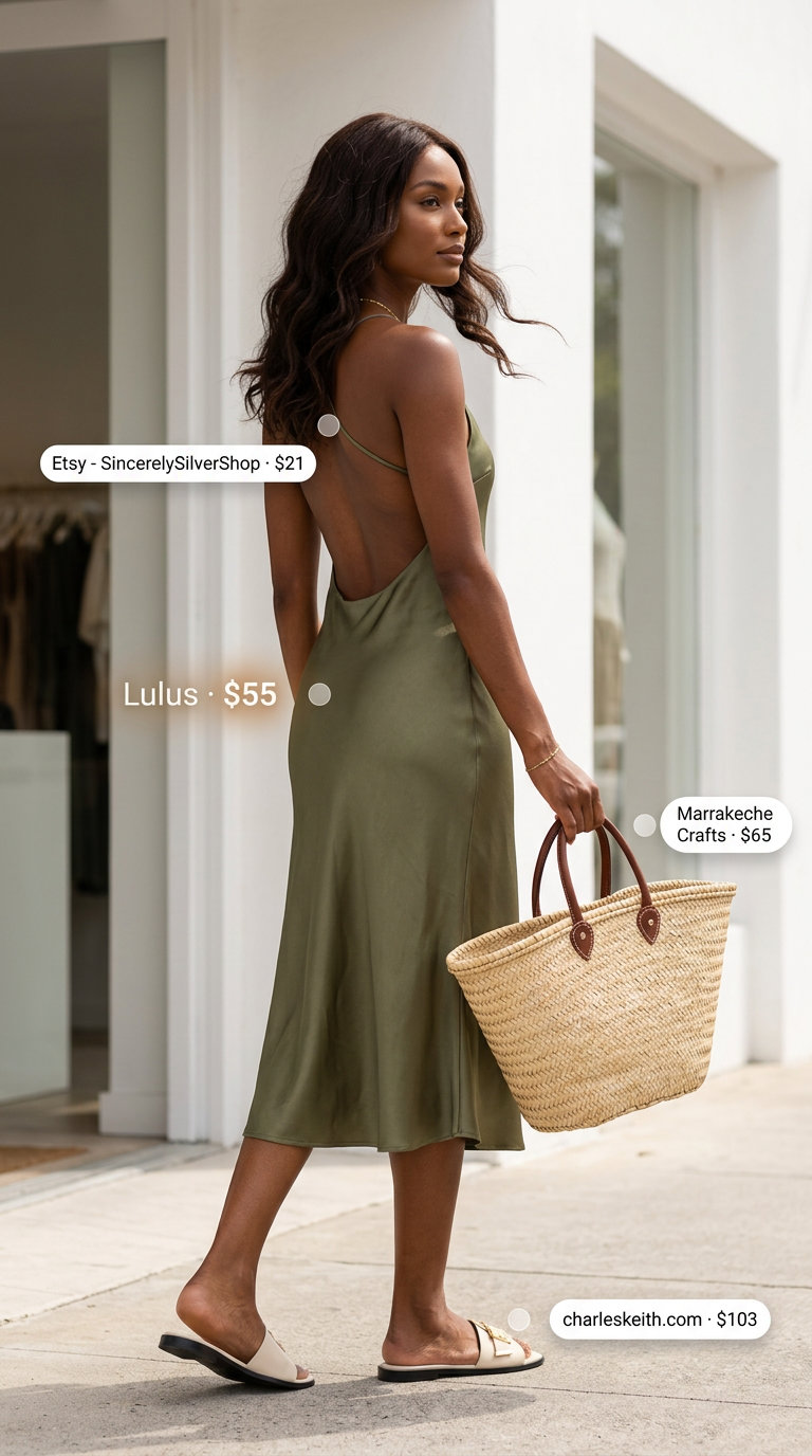 Minimalist summer basic outfit for women 2026: Olive slip dress, beige slides, straw tote for casual day out.