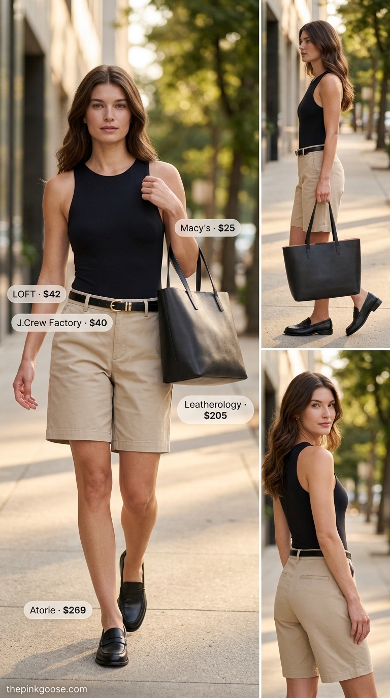 Minimalist summer basic outfit for women 2026: Stone tailored shorts, black bodysuit, black loafers for smart casual.