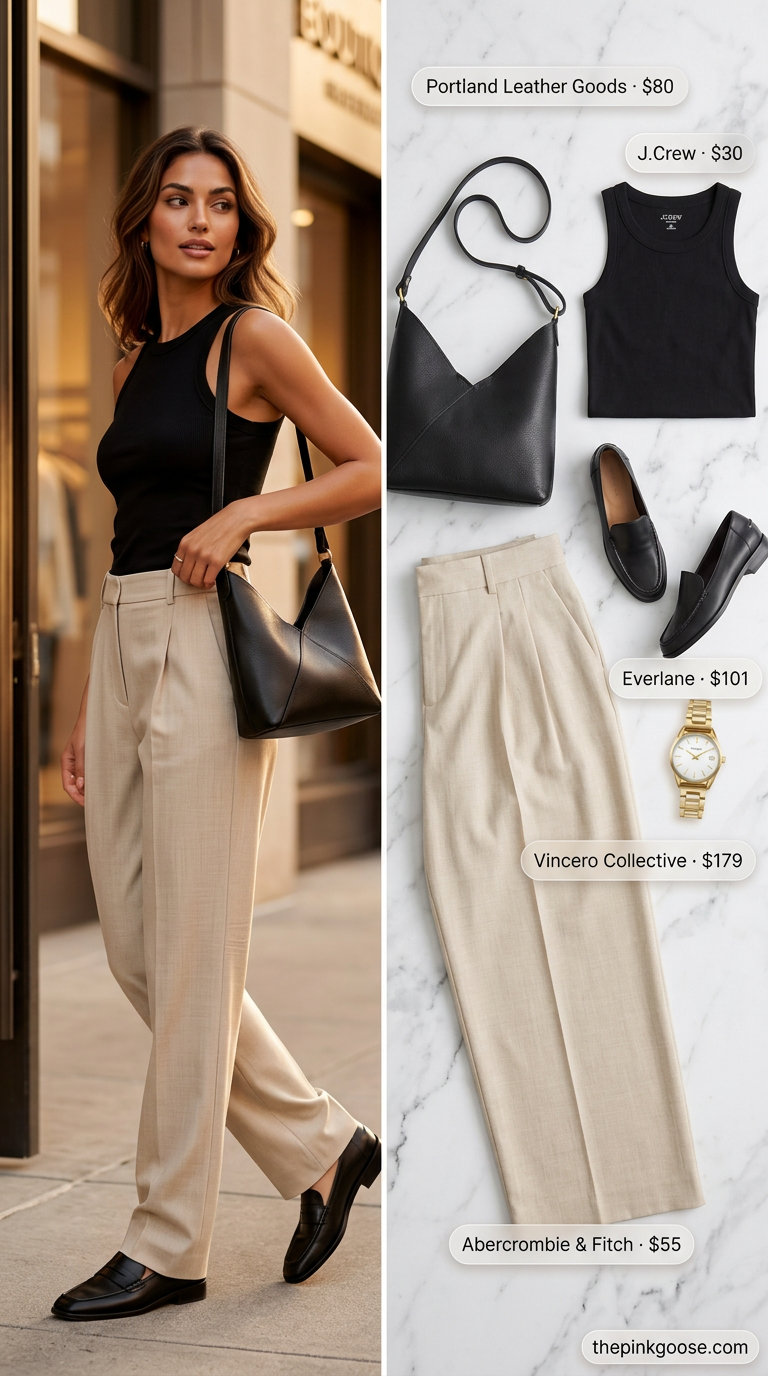 Minimalist summer basic outfit for women 2026: Beige tailored trousers with black tank, loafers, and structured bag for smart casual.