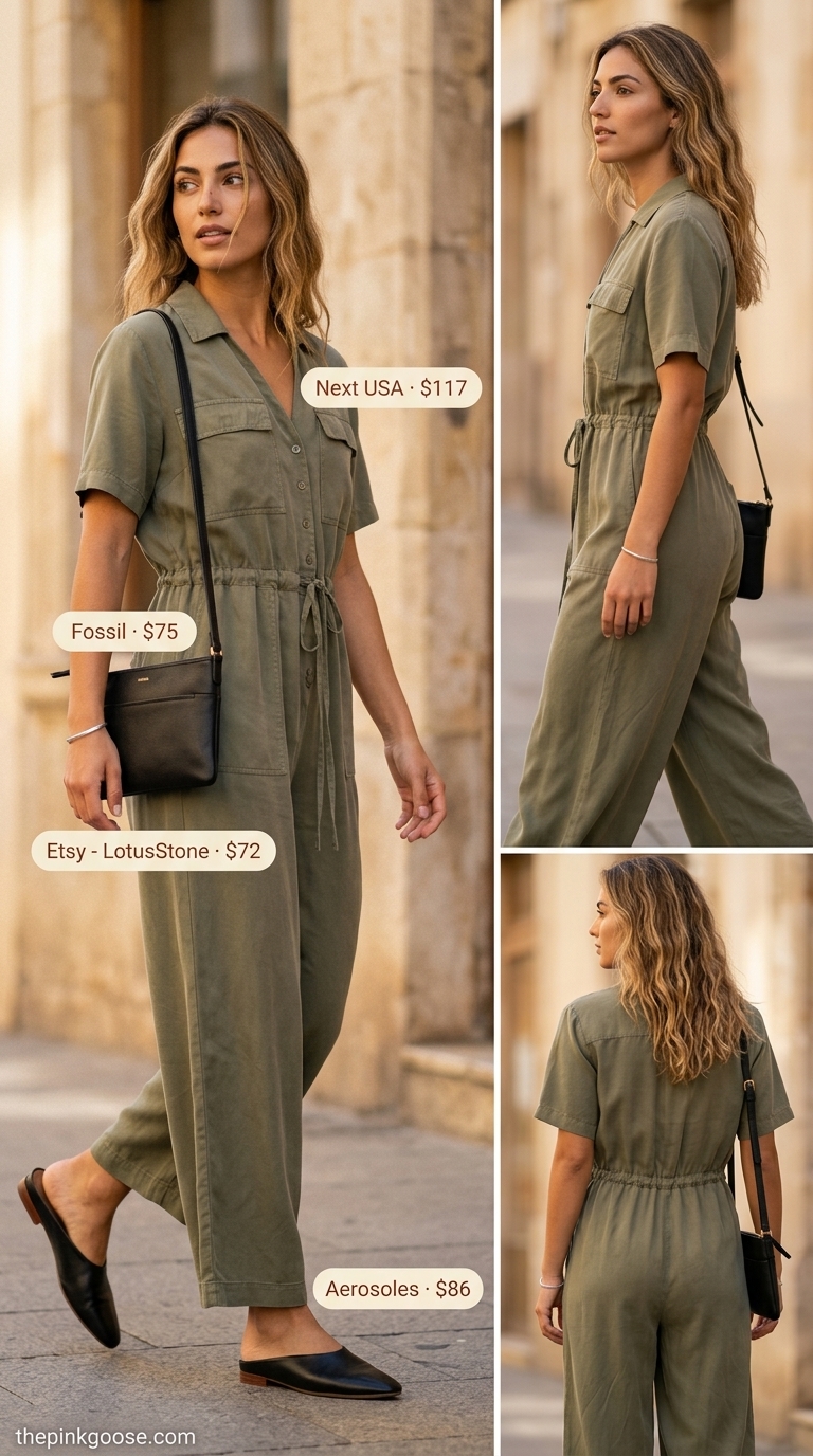 Minimalist summer basic outfit for women 2026: Olive green utility jumpsuit with black mules and silver bracelet for brunch.