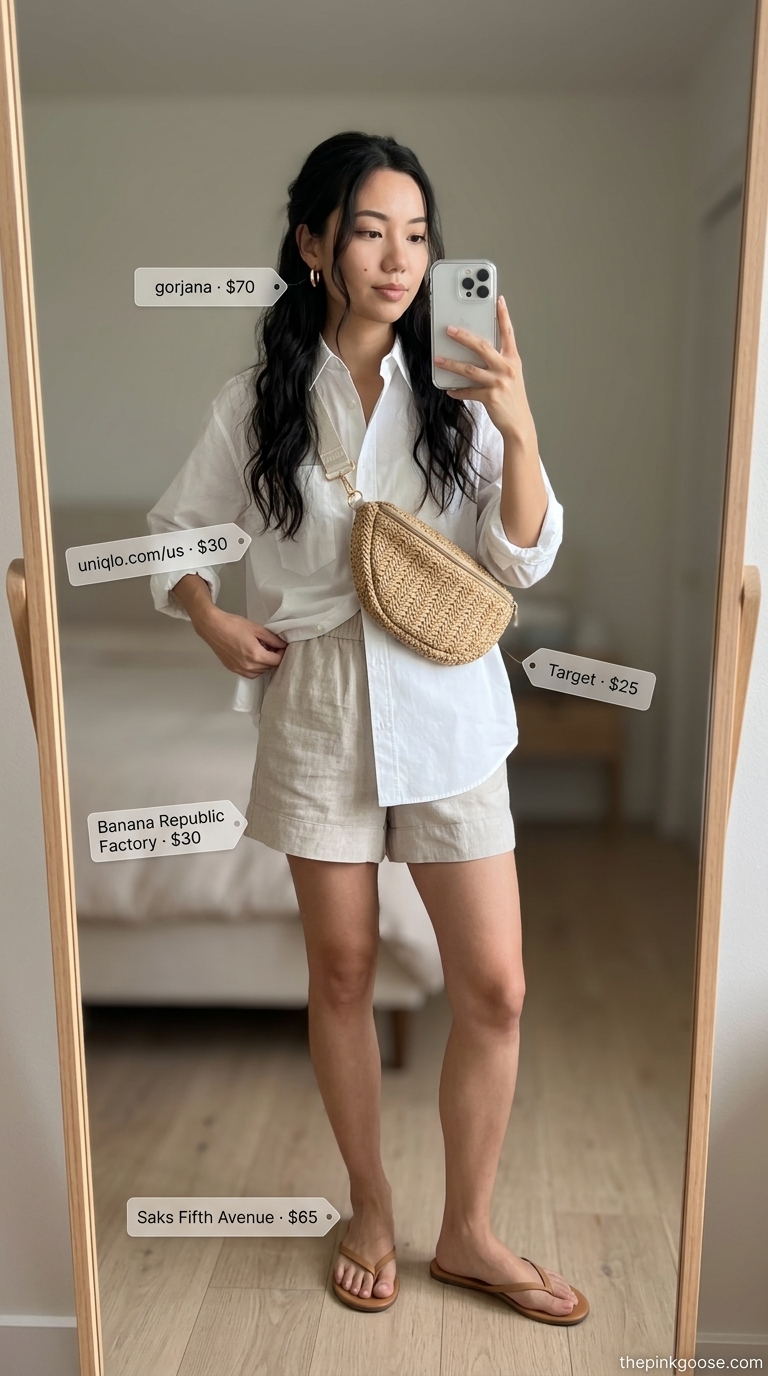 Neutral quiet luxury summer outfits for women 2026: Beige linen shorts, white shirt, tan sandals.
