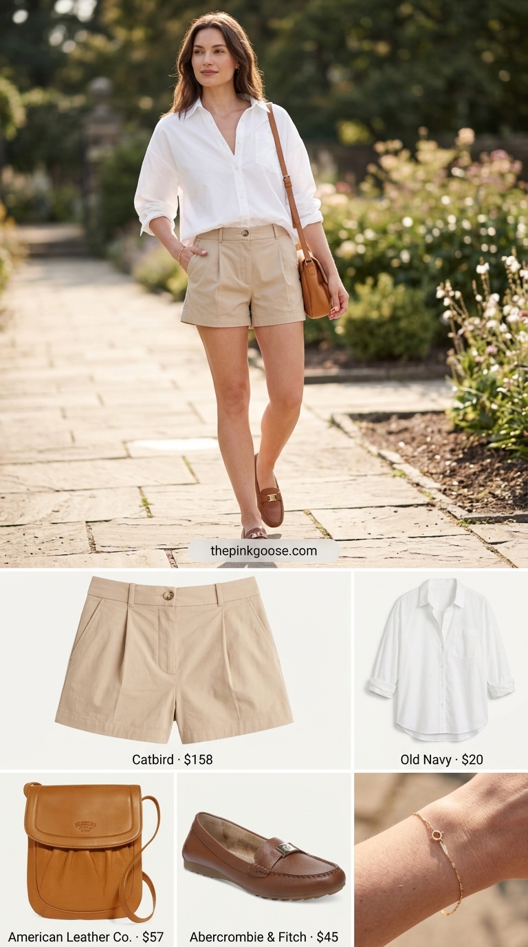 Neutral quiet luxury summer outfits for women 2026: Beige shorts, white shirt, tan loafers.