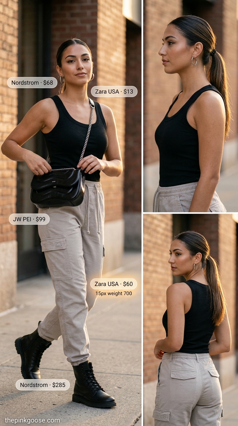 Neutral quiet luxury summer outfit: oyster grey cargo pants, black ribbed top, combat boots.