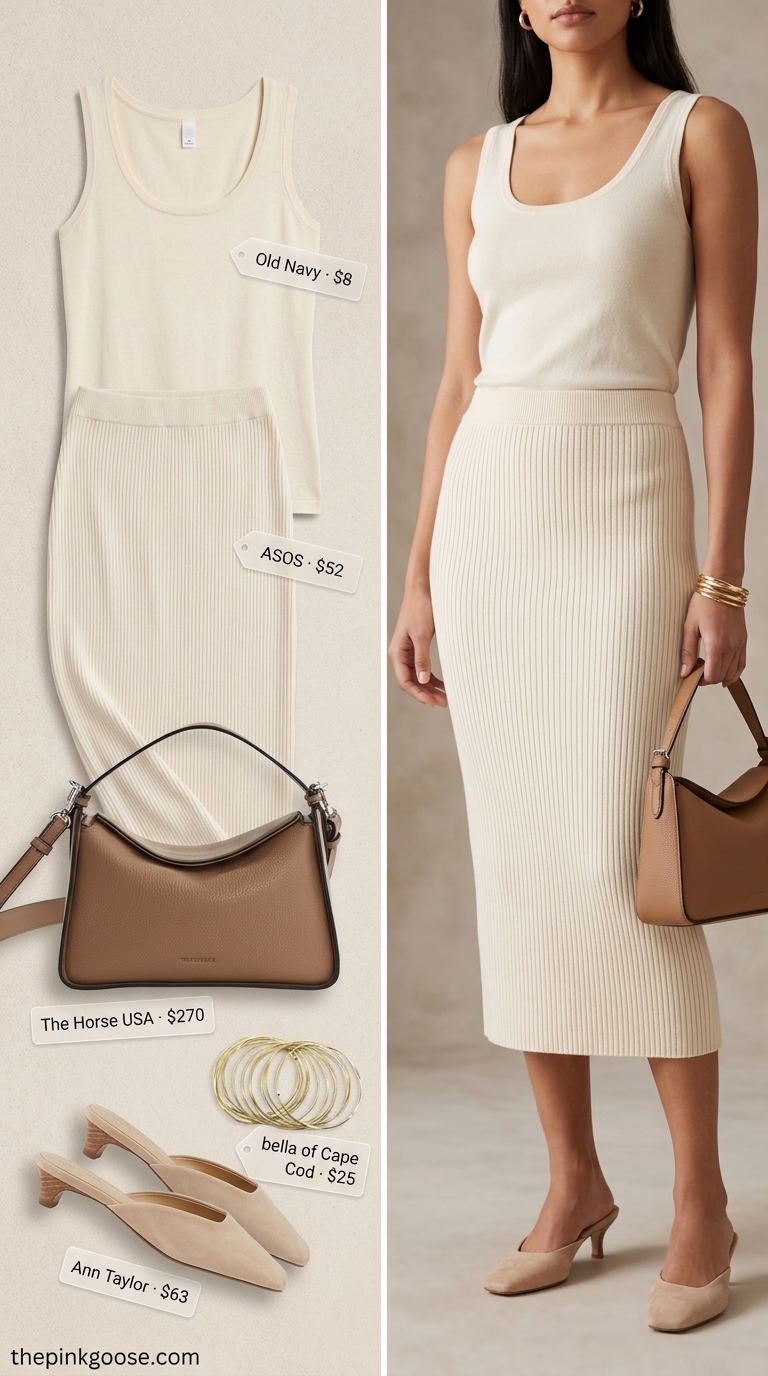 Neutral quiet luxury summer outfits for women 2026: Cream knit skirt, beige mules, taupe bag.