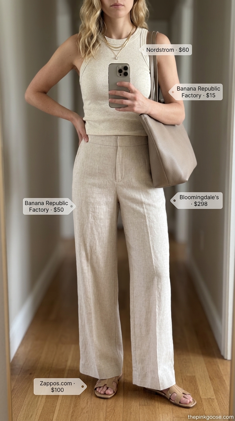 Neutral quiet luxury summer outfits for women 2026: Ecru linen pants, beige knit top, taupe tote.