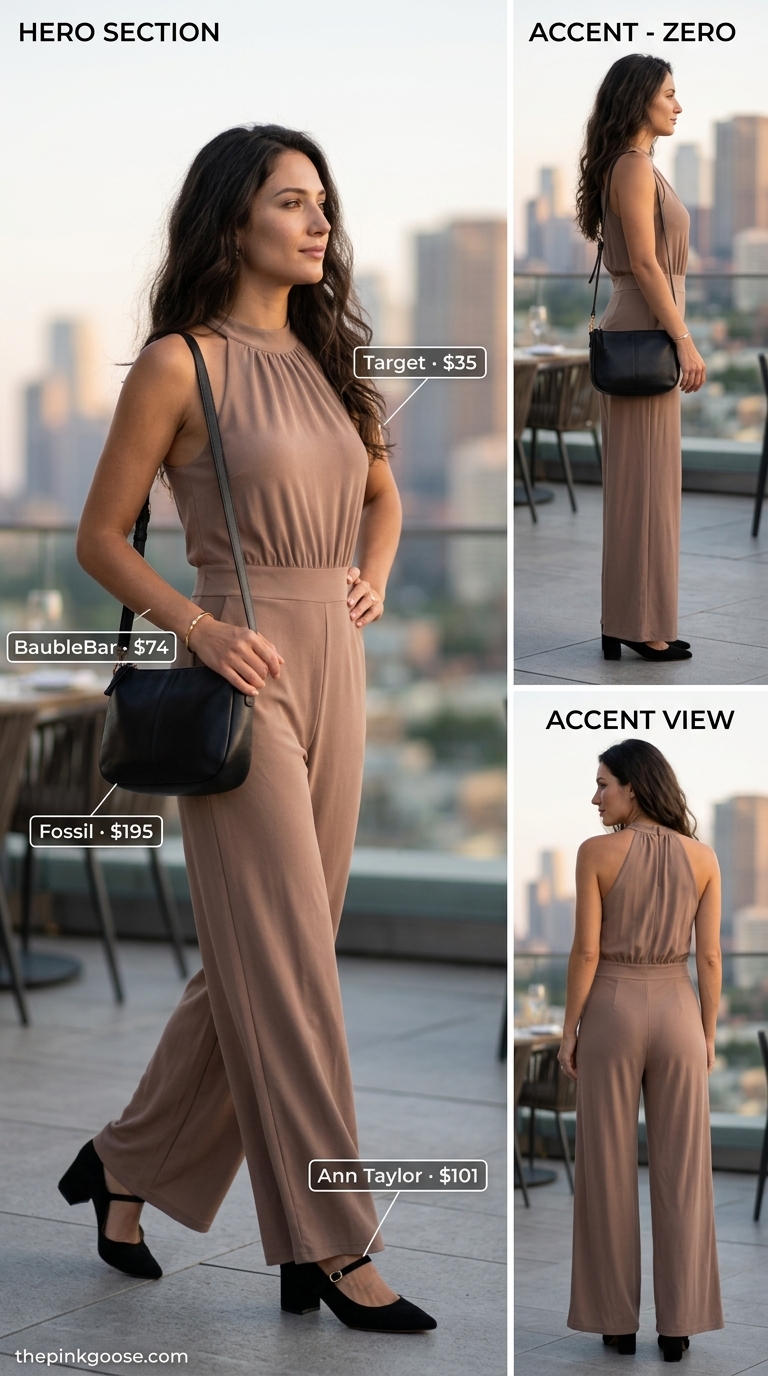 Neutral quiet luxury summer outfits for women 2026: Taupe jumpsuit, black heels, gold cuff. Chic for evening.