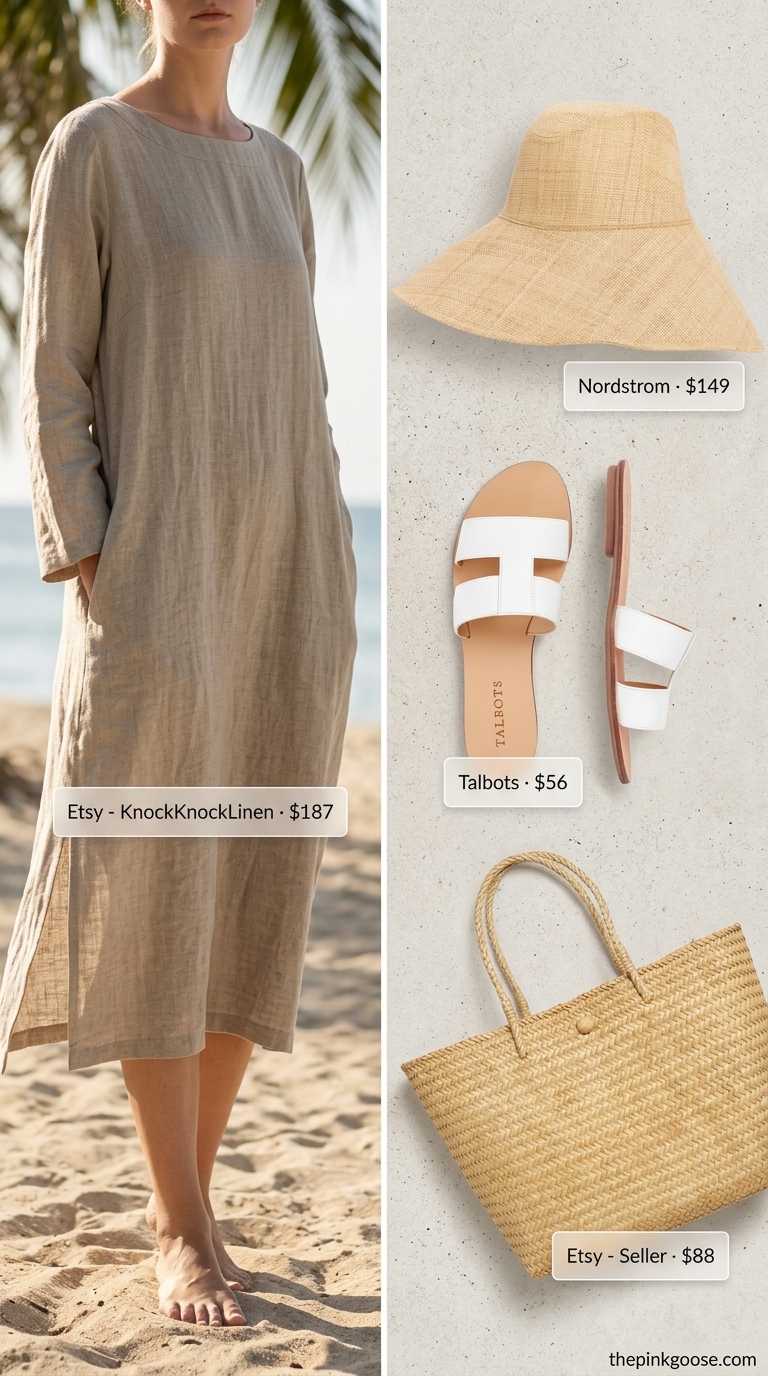 Neutral quiet luxury summer outfit: flowy sand kaftan, white leather slides, straw hat for beach.
