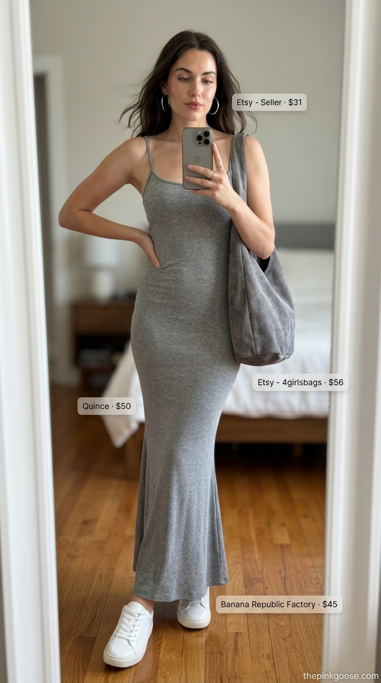 Neutral quiet luxury summer outfits for women 2026: Grey knit maxi dress, white sneakers, silver hoops.