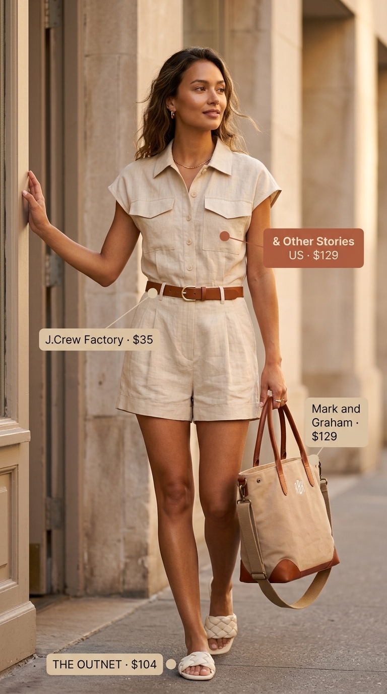 Neutral quiet luxury summer outfit: Beige linen jumpsuit, brown belt, and leather slides for casual outings.