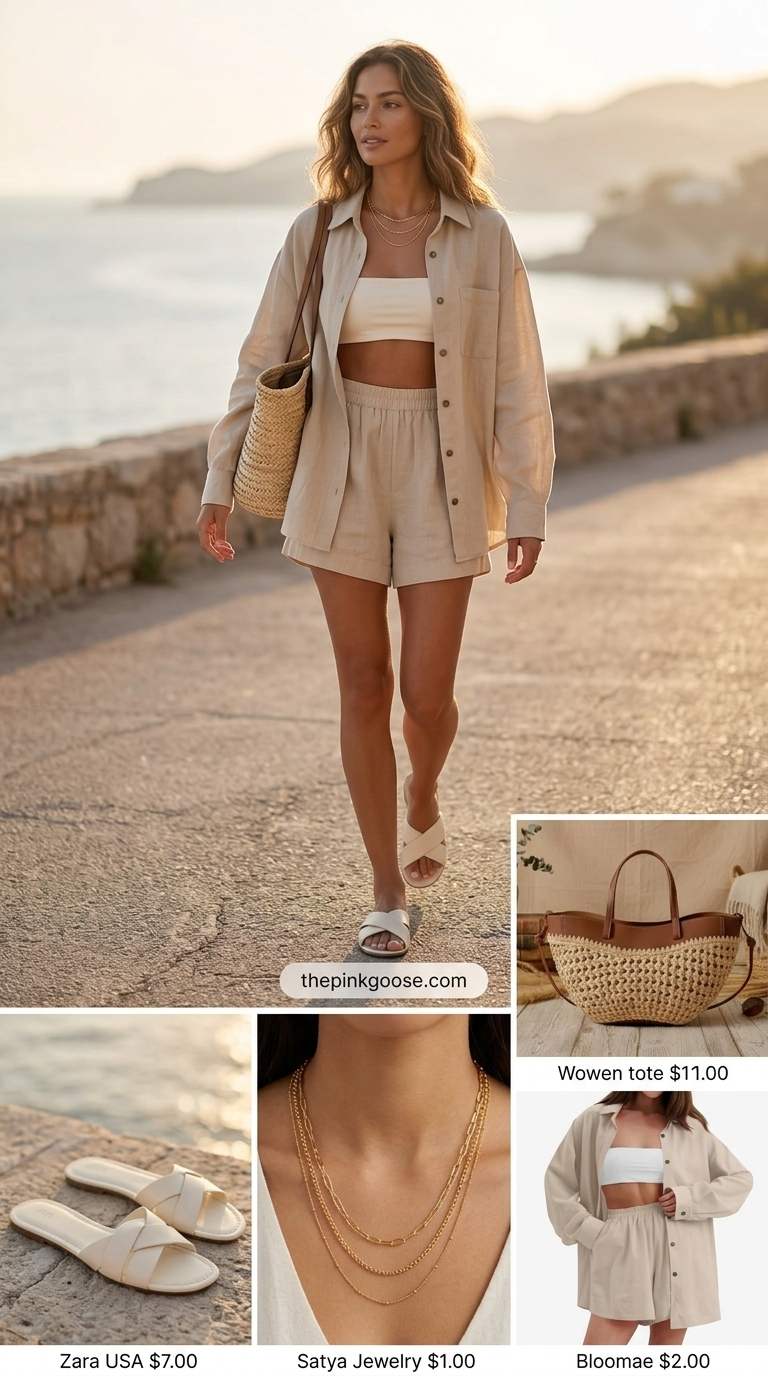 Neutral quiet luxury summer outfit: sand linen set, cream sandals, woven tote for vacation.