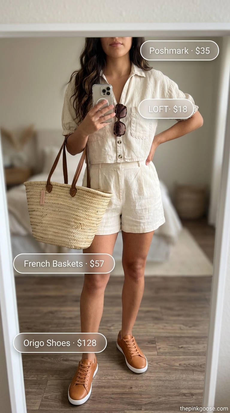 Neutral quiet luxury summer outfit: ivory linen set, beige sneakers, straw tote for casual chic.