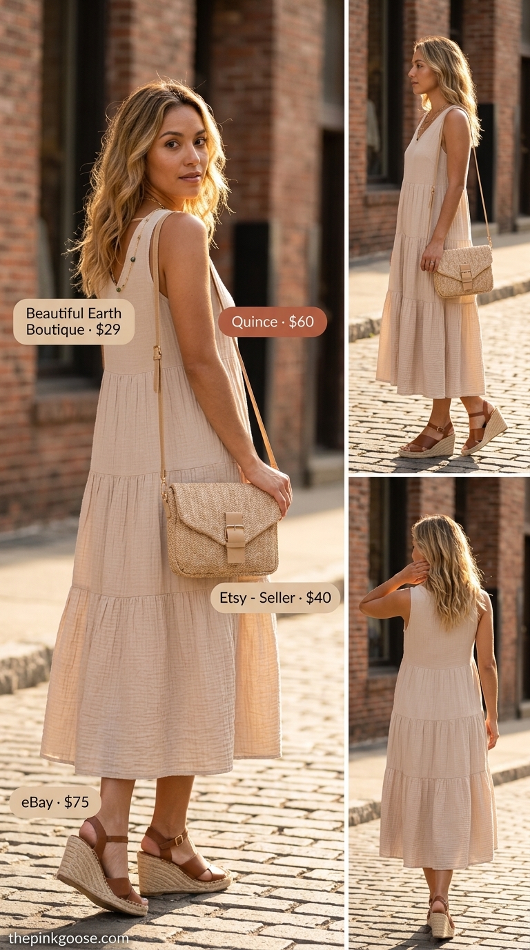 Neutral quiet luxury summer outfit: beige maxi dress, espadrilles, woven crossbody for vacation.