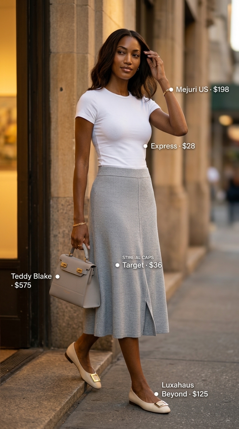 Neutral quiet luxury summer outfit: Grey knit midi skirt, white tee, and ballet flats for brunch.