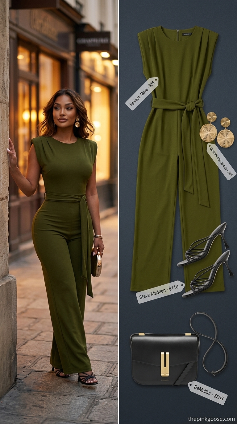 Neutral quiet luxury summer outfits for women 2026: Olive jumpsuit, black sandals, gold earrings.