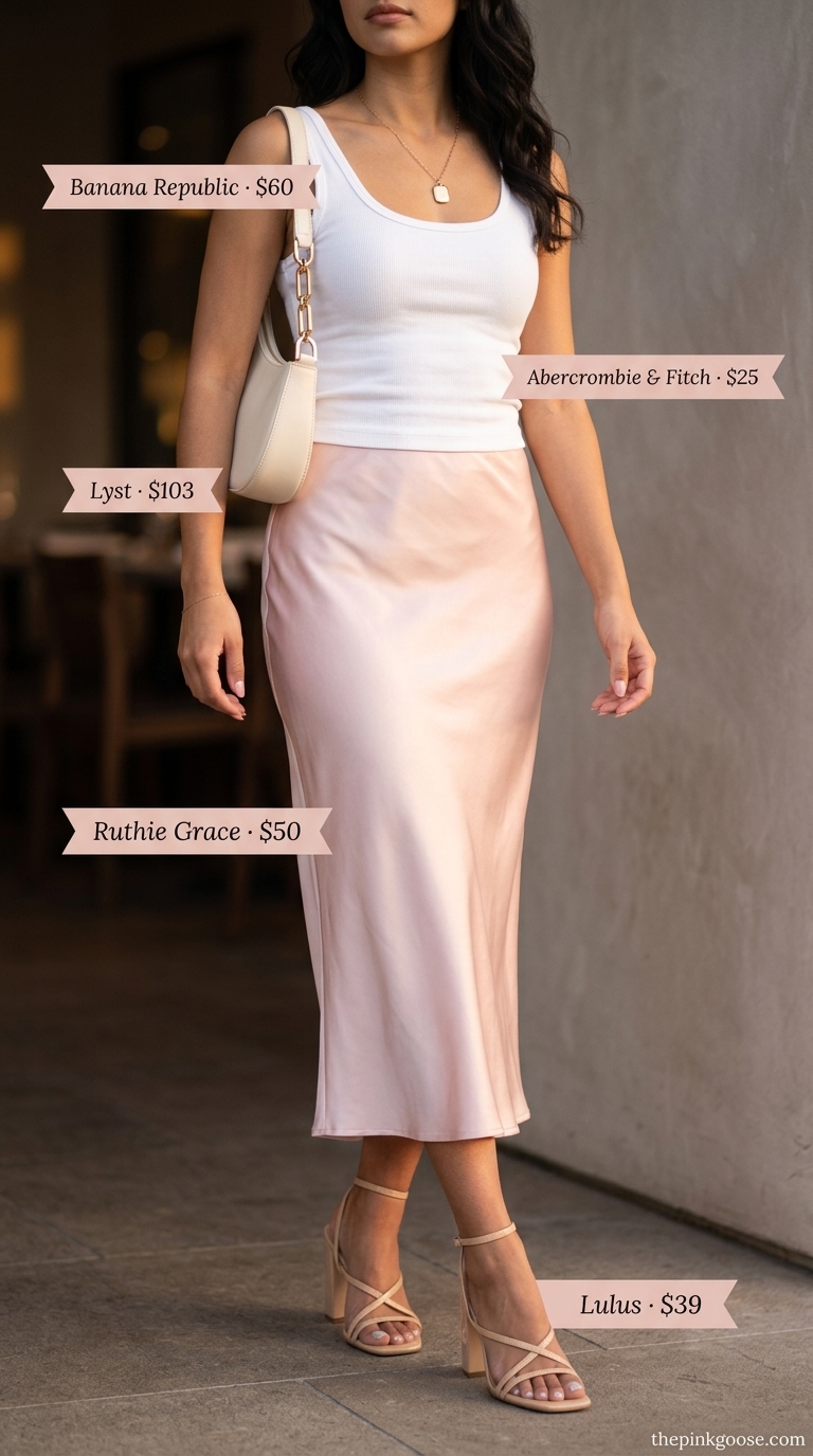 Neutral quiet luxury summer outfit: blush satin skirt, white tank, nude heels for date night.
