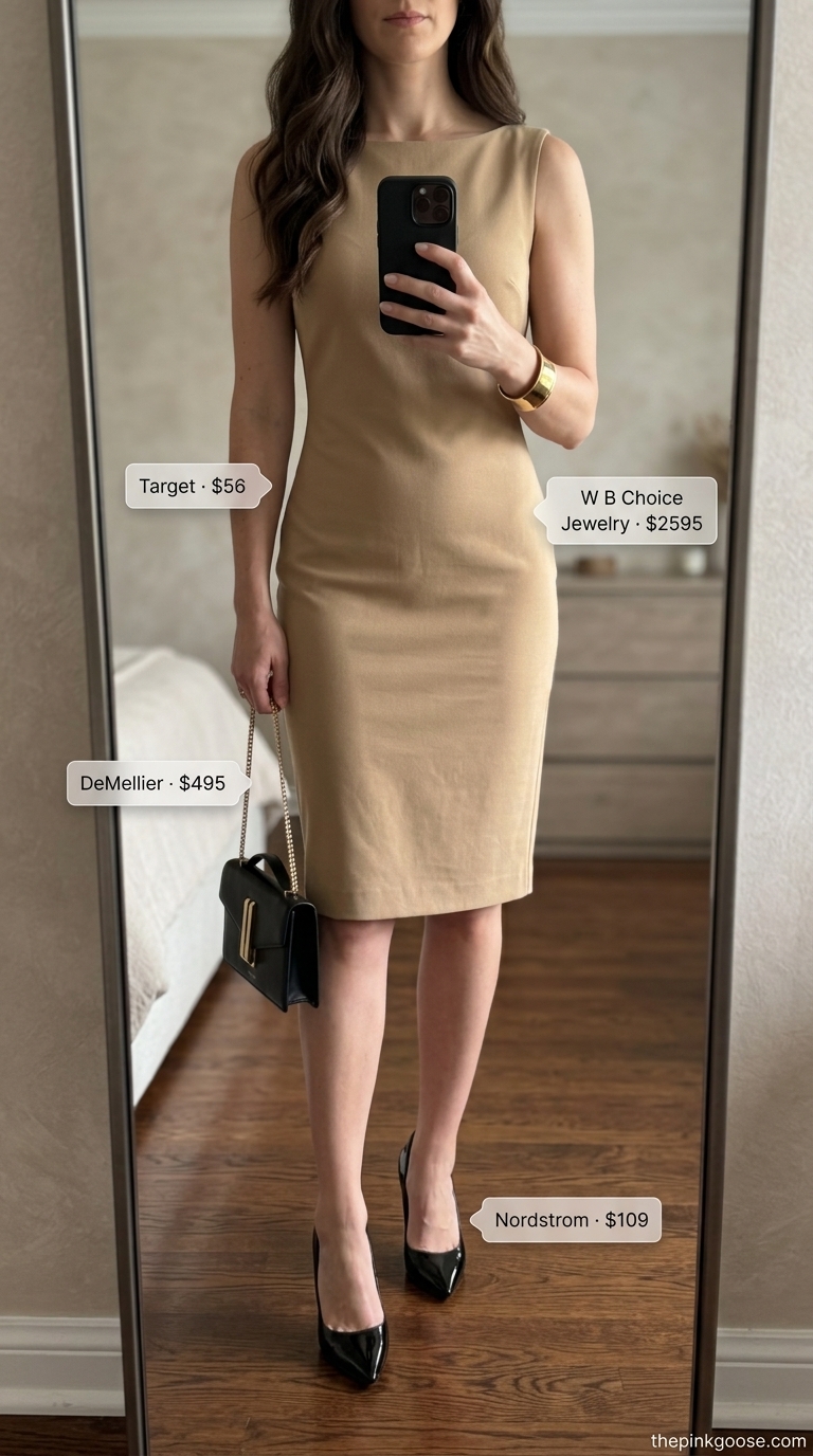 Neutral quiet luxury summer outfit: camel sheath dress, black heels, gold cuff for evening.