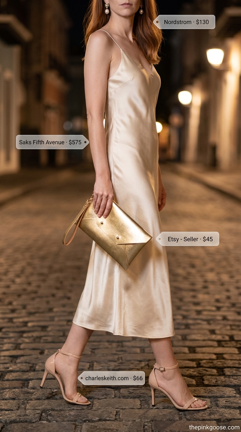 Neutral quiet luxury summer outfit: Champagne silk slip dress, gold heels, and clutch for evening events.