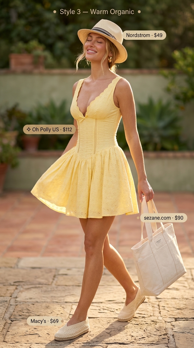 Neutral quiet luxury summer outfit: Butter yellow sundress, straw hat, and espadrilles for a casual day out.