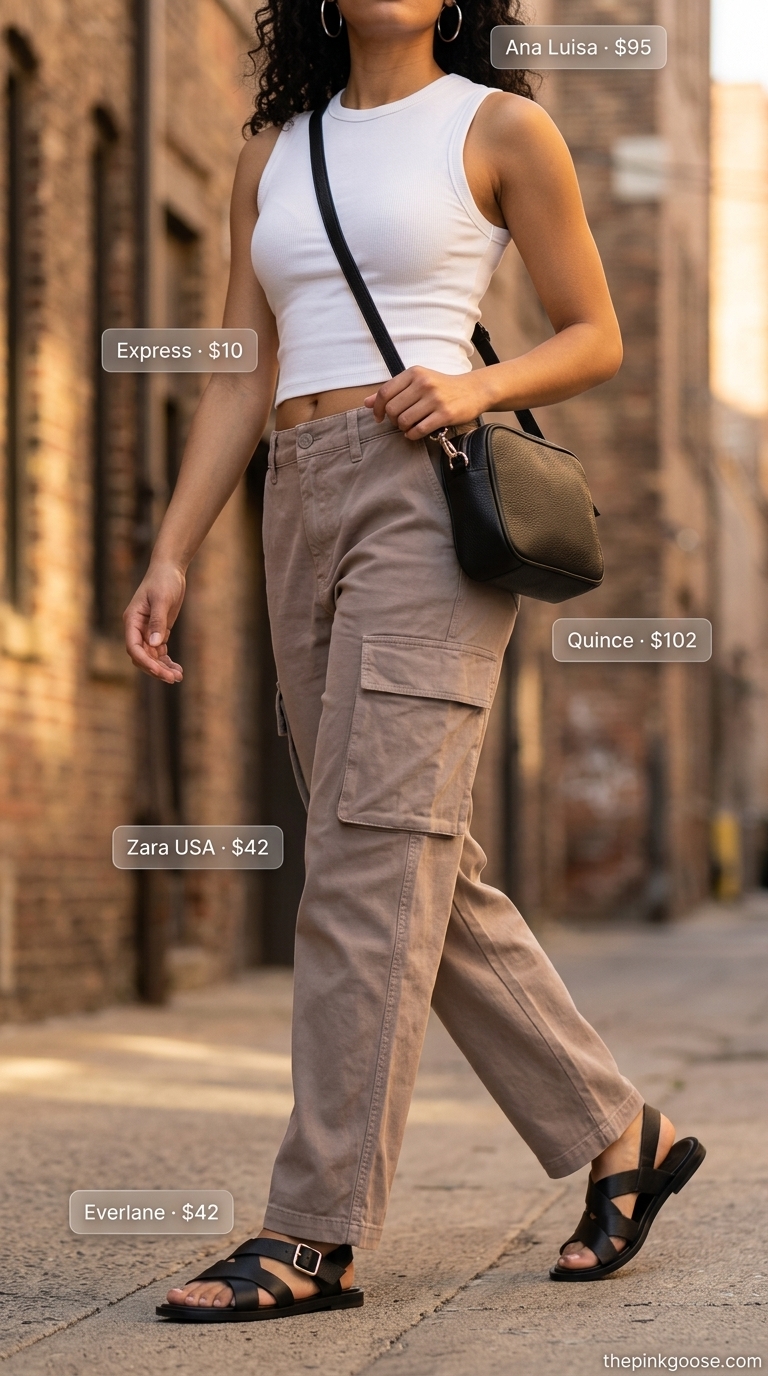 Neutral quiet luxury summer outfits for women 2026: Taupe cargo pants, white tank, black sandals.