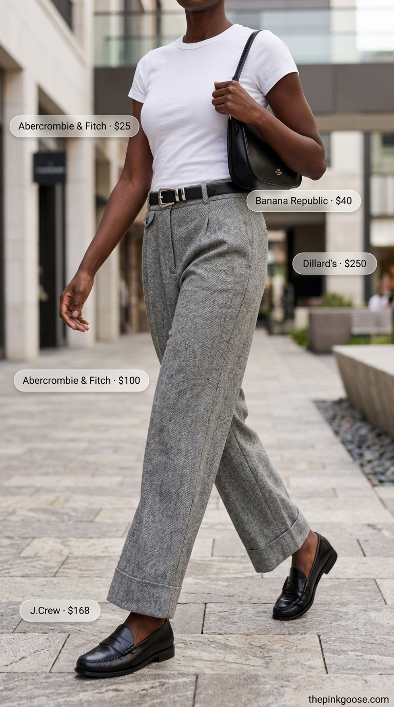 Neutral quiet luxury summer outfit: Stone wide-leg trousers, white tee, black loafers for smart casual events.