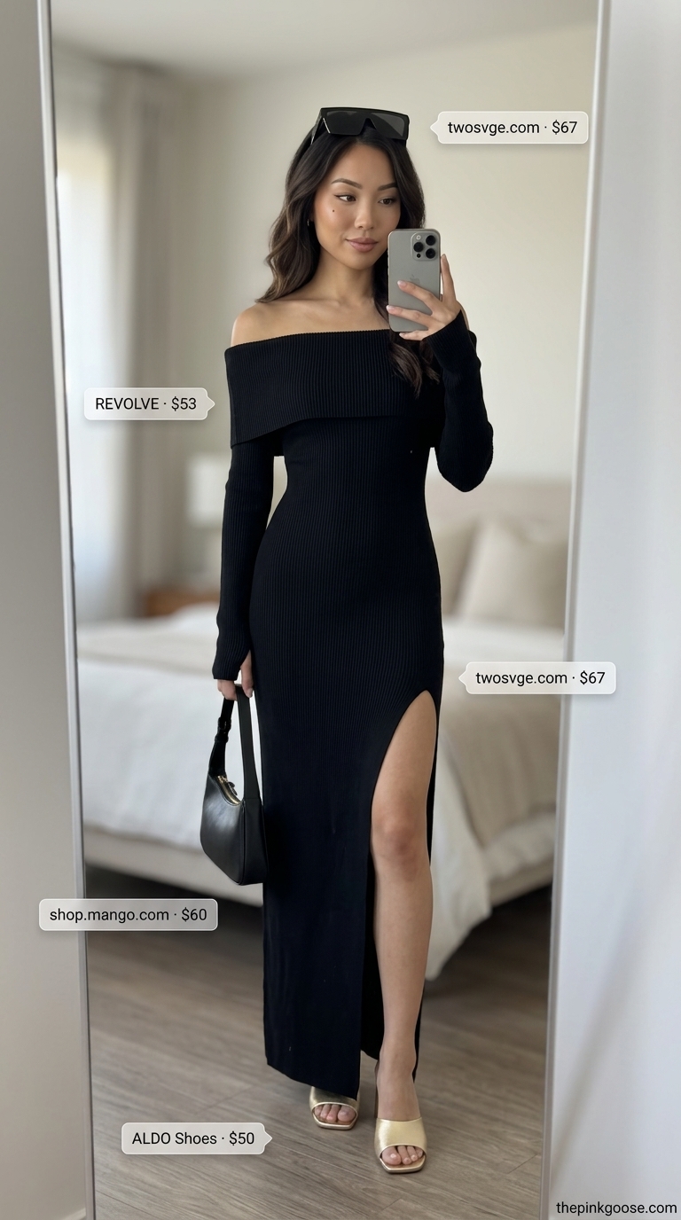 Black Off Shoulder Maxi Dress 2026: Dinner Party Style Chic black off shoulder summer flowy maxi dress 2026, styled with gold heels and accessories for a dinner party.