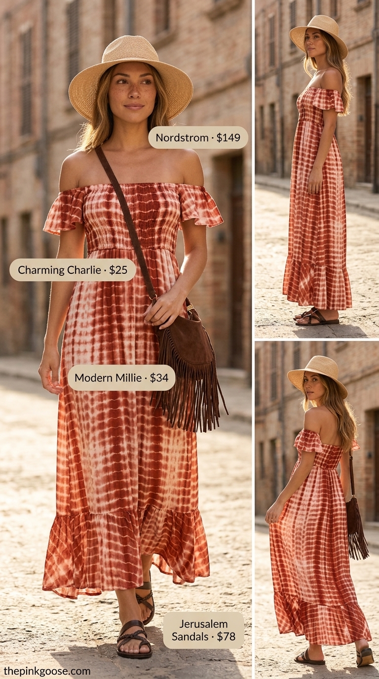 Tie-dye off shoulder summer flowy maxi dress 2026 with a wide-brim hat for a boho festival look.