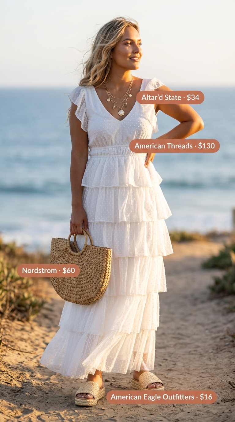 Boho Beach Maxi Dress 2026 Boho white off-shoulder maxi dress for beach days, with straw tote and raffia slide sandals.