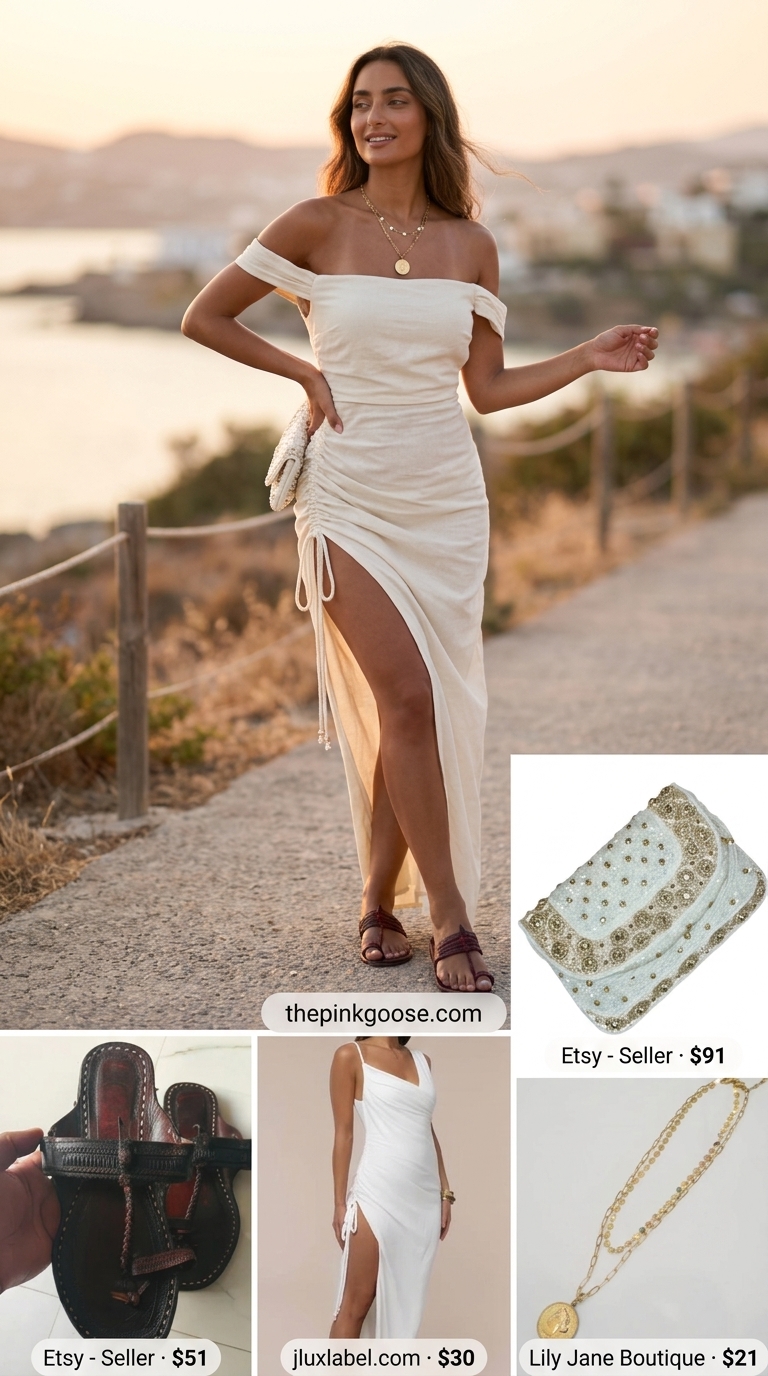 Cream Off Shoulder Maxi Dress 2026: Mediterranean Style Romantic cream off shoulder summer flowy maxi dress 2026 with embroidery, styled for a Mediterranean dinner party.