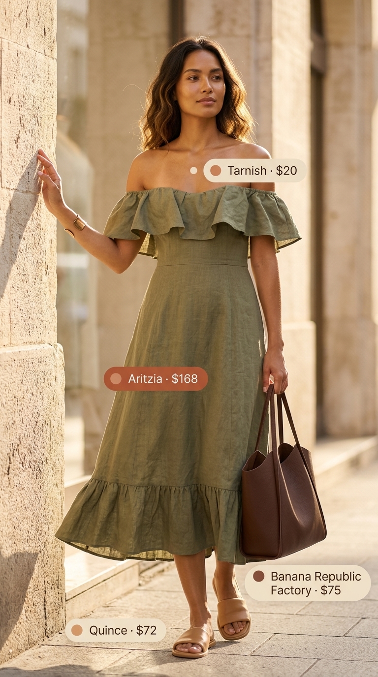 Off Shoulder Summer Maxi Dress 2026: Desert Oasis Style Olive green off shoulder summer flowy maxi dress 2026 styled with tan sandals and a structured tote for a casual day out.