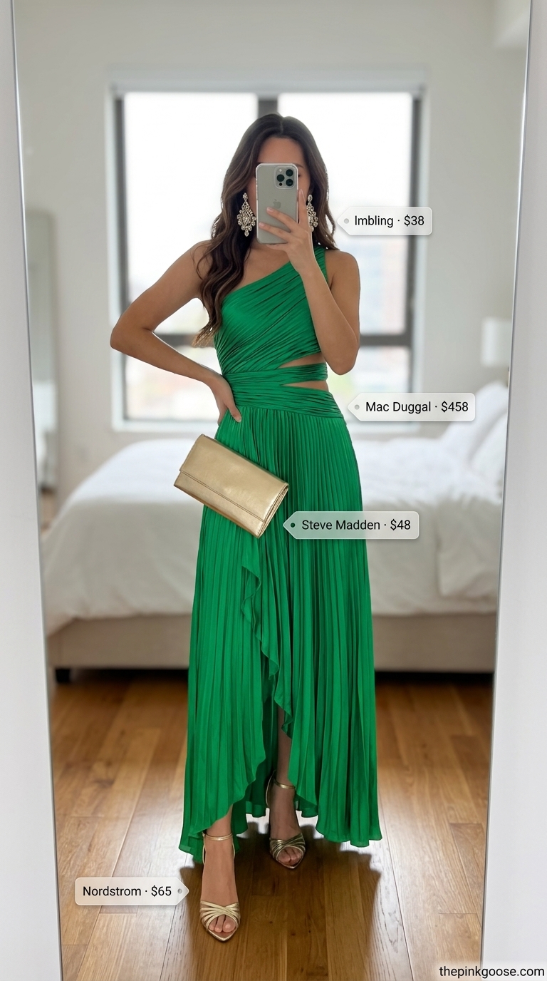 Emerald Off Shoulder Maxi Dress 2026: Date Night Glam Glamorous emerald green one-shoulder flowy maxi dress 2026, perfect for date night with strappy gold heels.