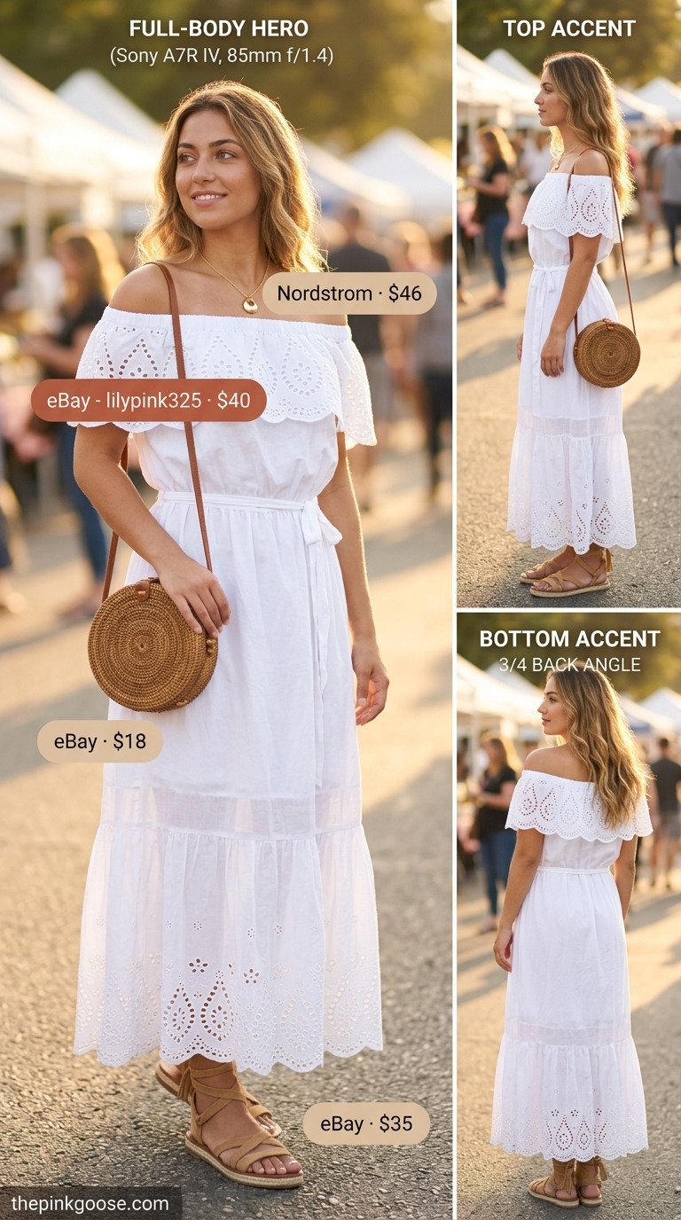 Off Shoulder Summer Maxi Dress 2026: Farmers Market Fresh White eyelet off shoulder summer flowy maxi dress 2026 with espadrilles and a denim jacket for a farmers market look.