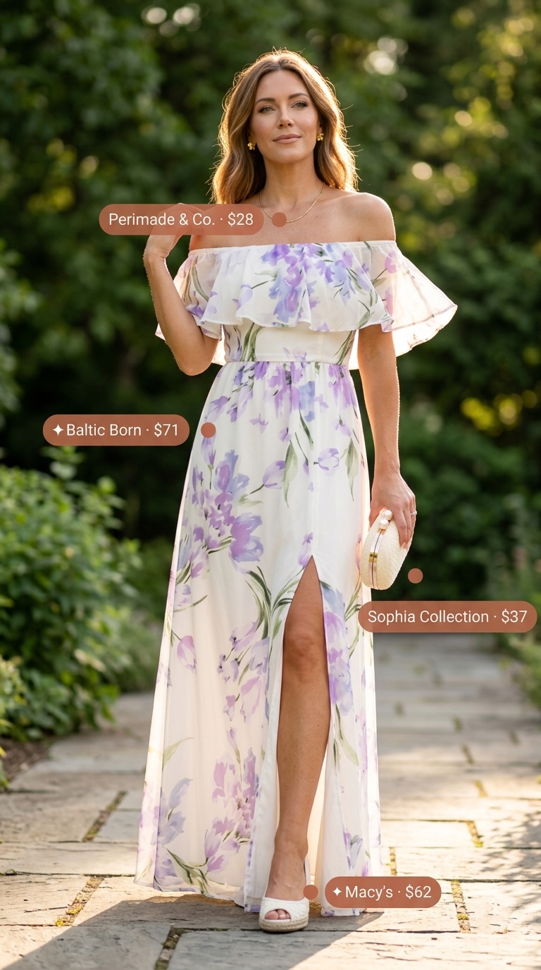 Off Shoulder Summer Maxi Dress 2026: Garden Party Romance Floral off shoulder summer flowy maxi dress 2026 with espadrille wedges for a garden party.